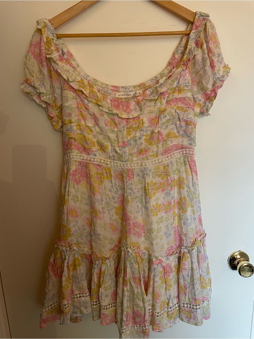 Altar'd State Pastel Floral Ruffle Mini Dress - Pink & Yellow